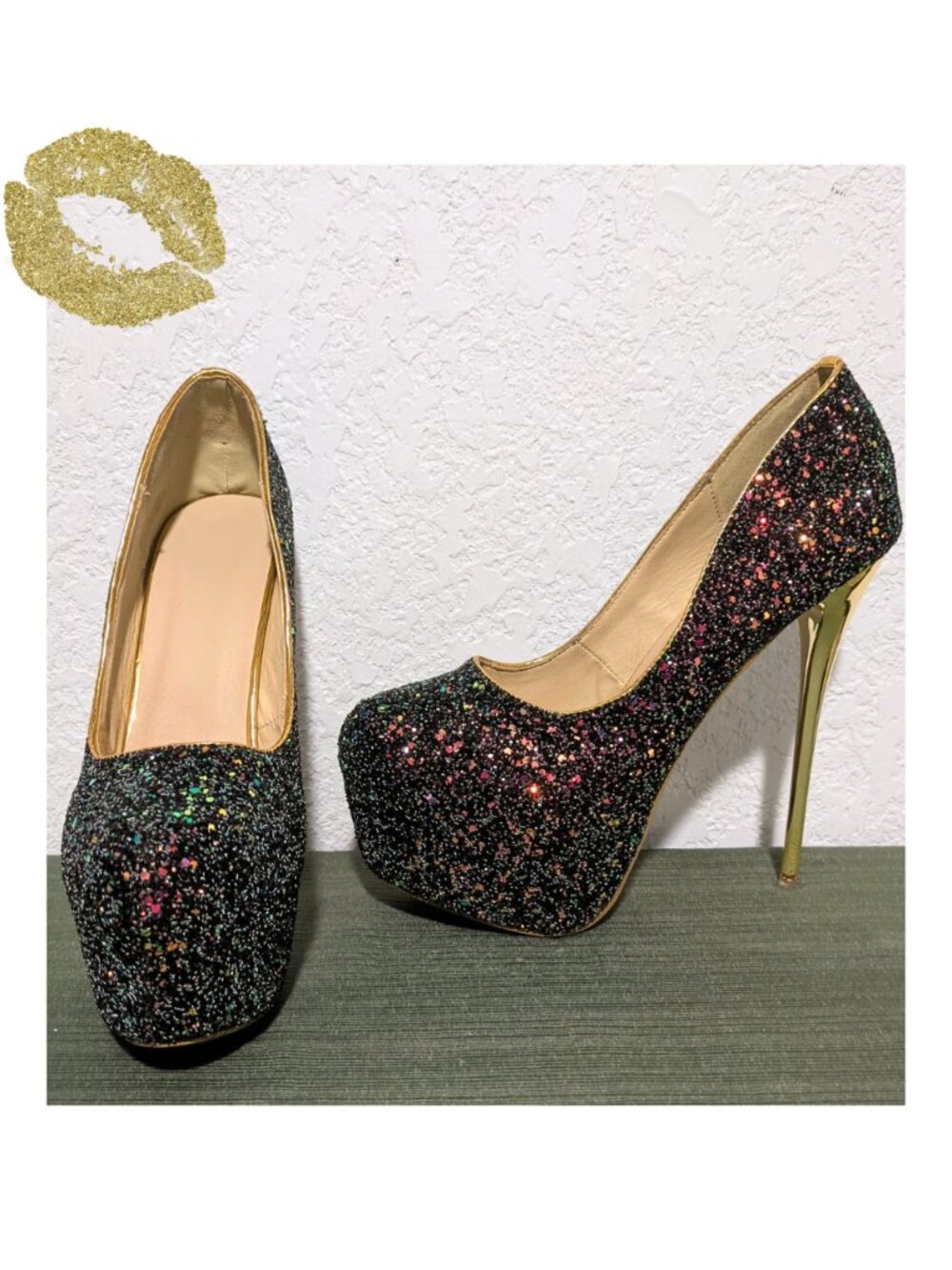 Glam Rainbow Glitter Gold 6.5" Stiletto Heels Statement Platform Pumps Clubwear
